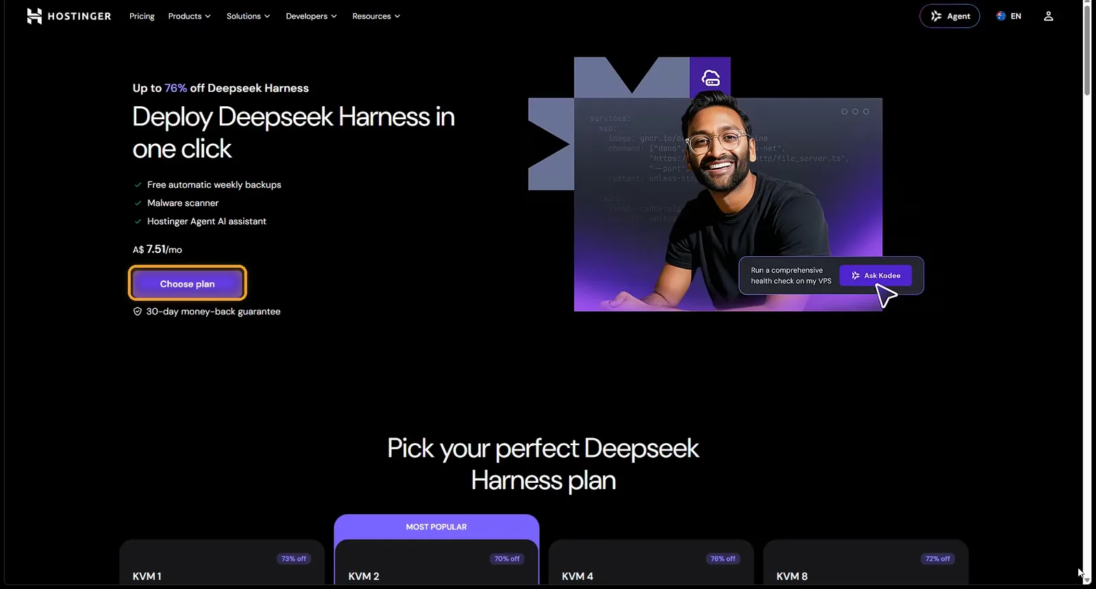 Hostinger's DeepSeek Harness page with the Choose plan button