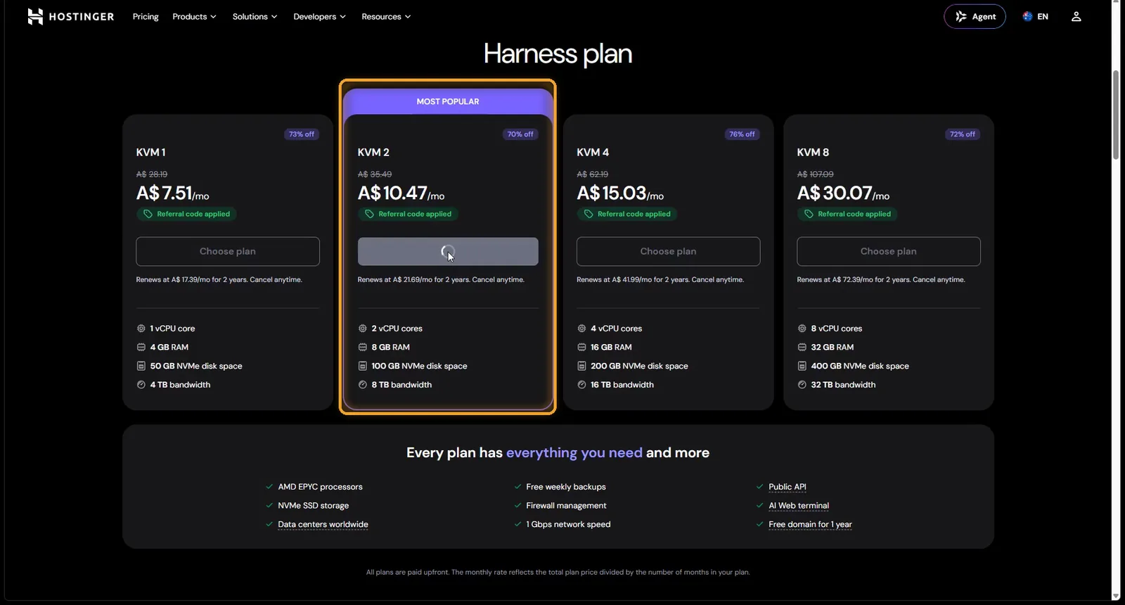 The KVM 2 plan on Hostinger's DeepSeek Harness pricing table