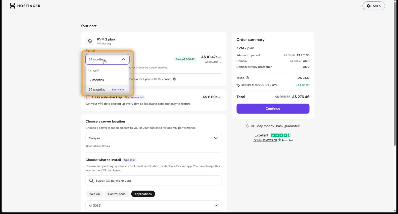 Hostinger cart period list with 24 months selected