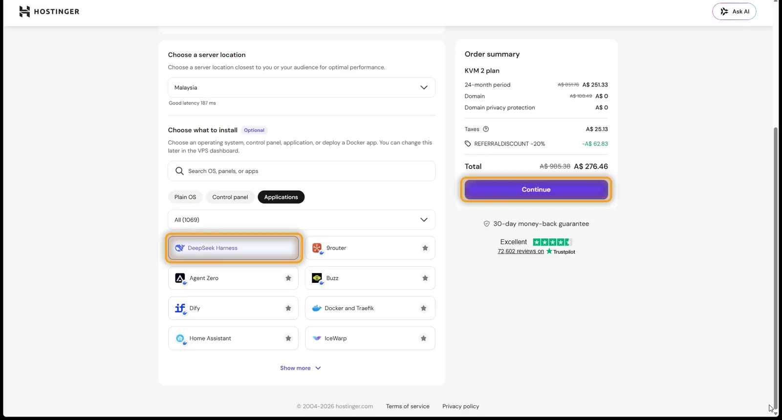 DeepSeek Harness selected under Applications in the Hostinger cart, and the Continue button