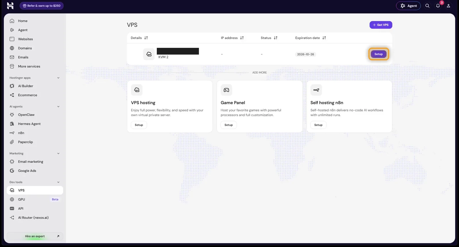The Setup button on the new VPS in Hostinger hPanel