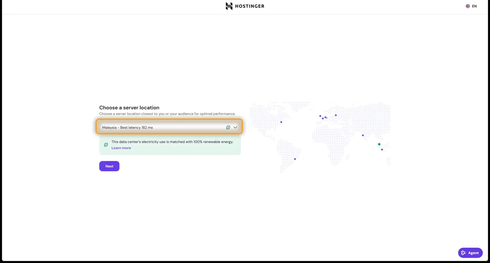 Choosing the server location marked Best latency in the VPS setup wizard