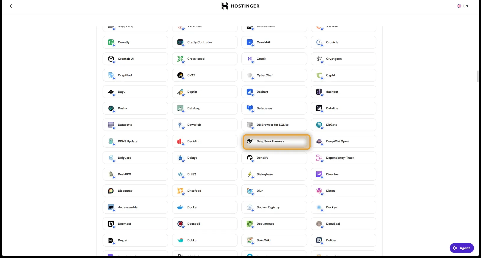 DeepSeek Harness chosen under Applications in the VPS setup wizard