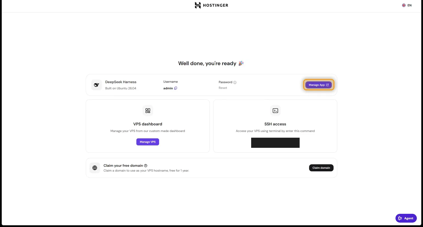 The Manage App button on the VPS ready page
