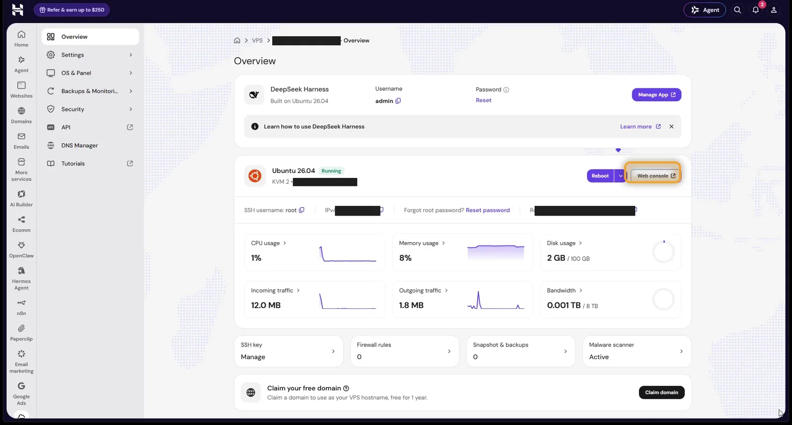 The Web console button in Hostinger hPanel
