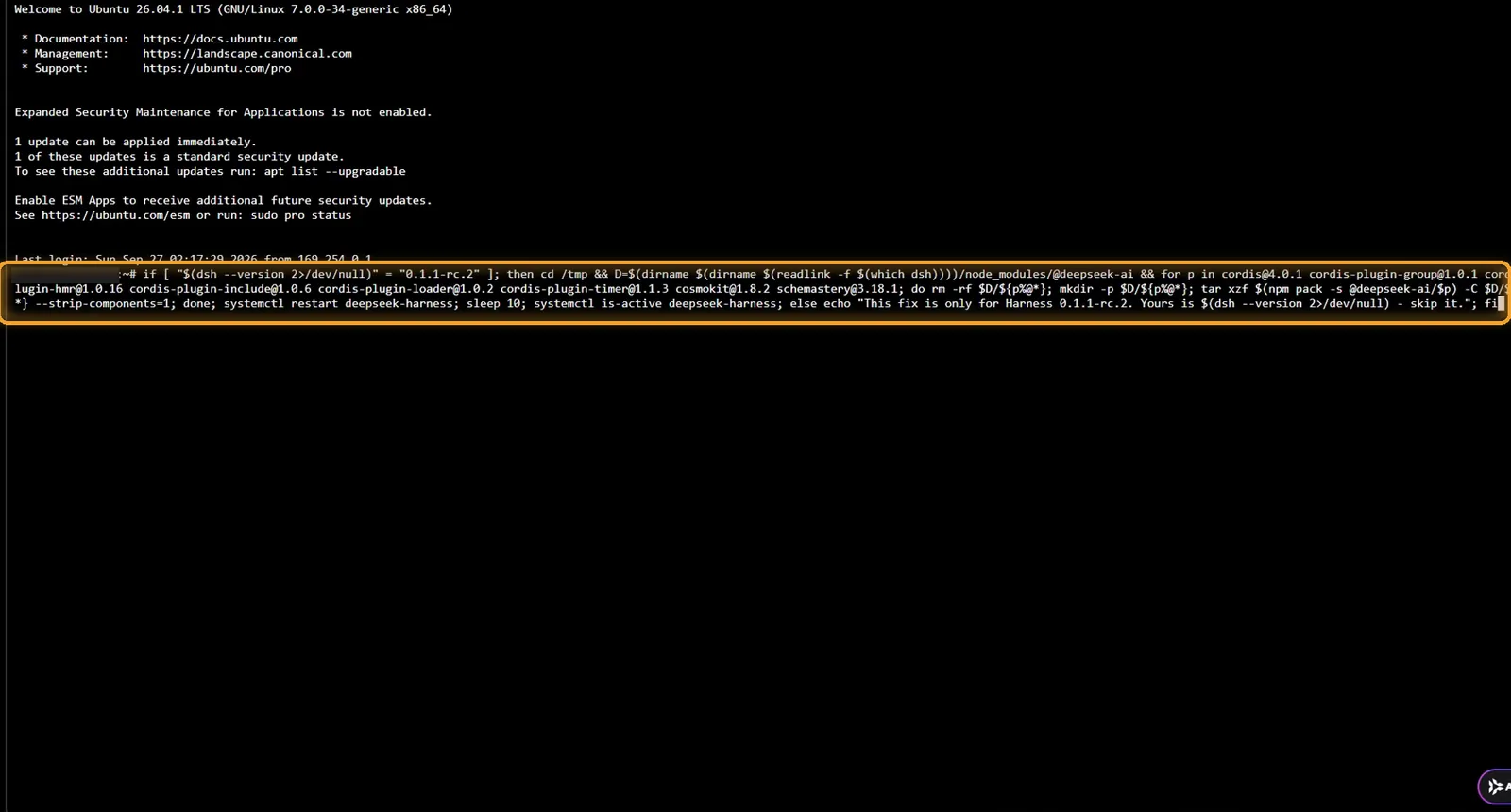 The 502 fix line pasted into the Hostinger web console