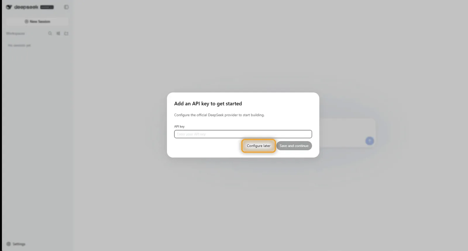 DeepSeek Harness asking for an API key, with Configure later highlighted