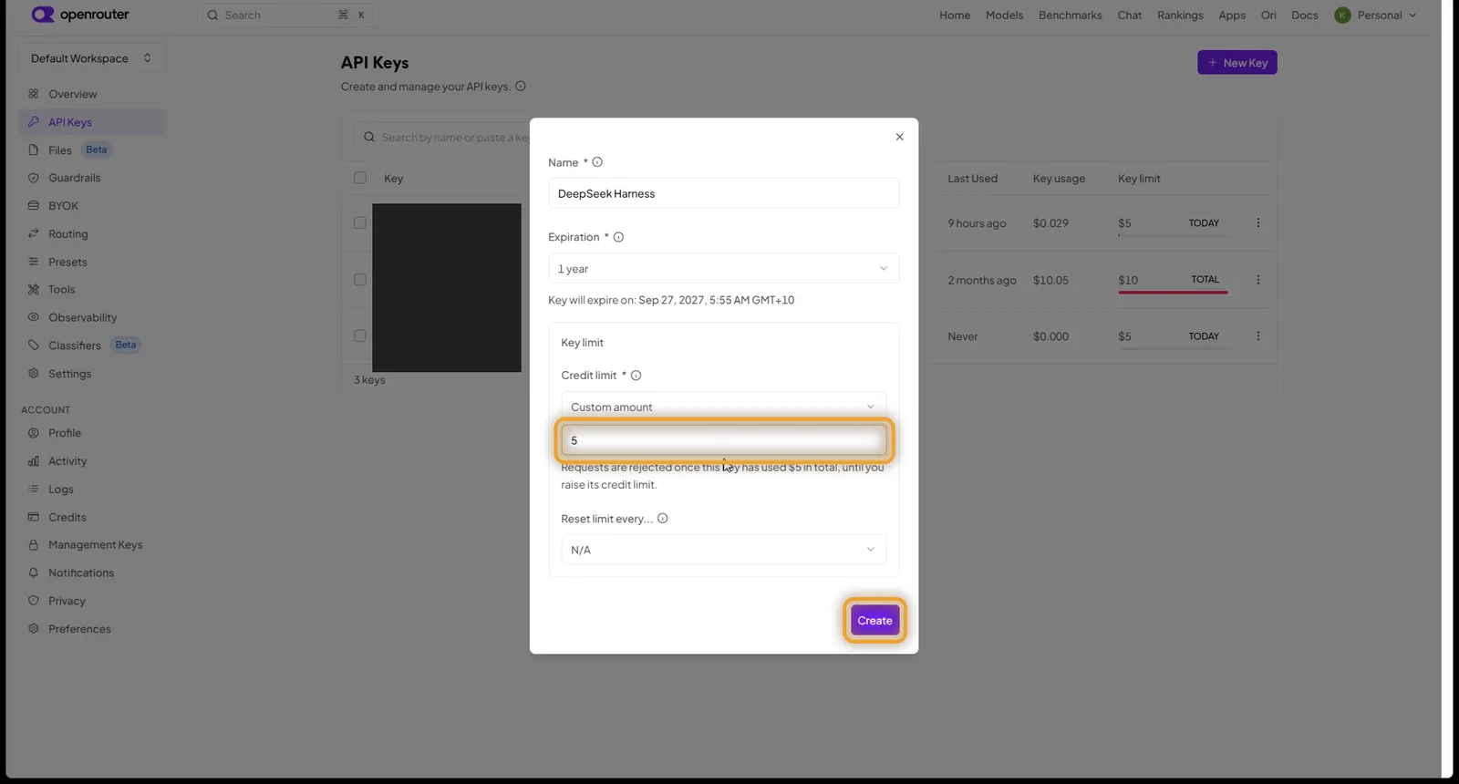 Creating an OpenRouter API key with a 5 dollar credit limit
