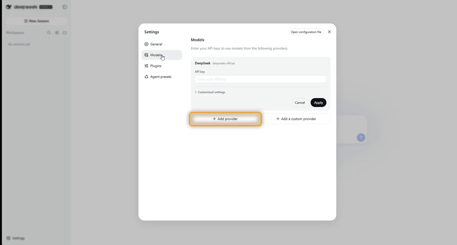 The Add provider button in DeepSeek Harness Settings, Models