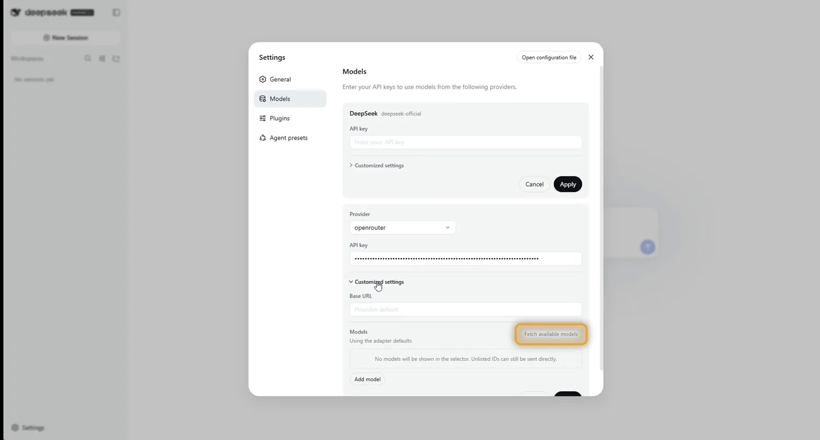 The Fetch available models button in DeepSeek Harness