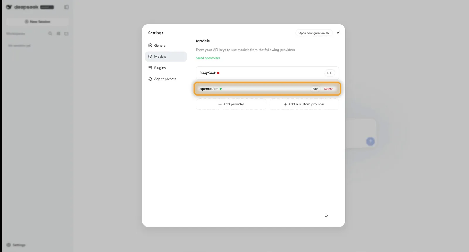 OpenRouter saved with a green dot in DeepSeek Harness