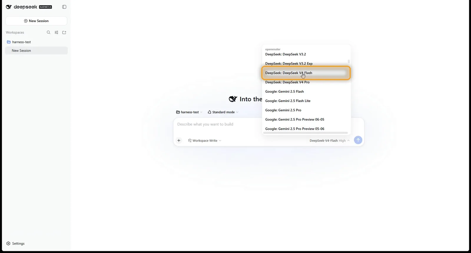 Choosing DeepSeek: DeepSeek V4 Flash under openrouter in the Harness model picker