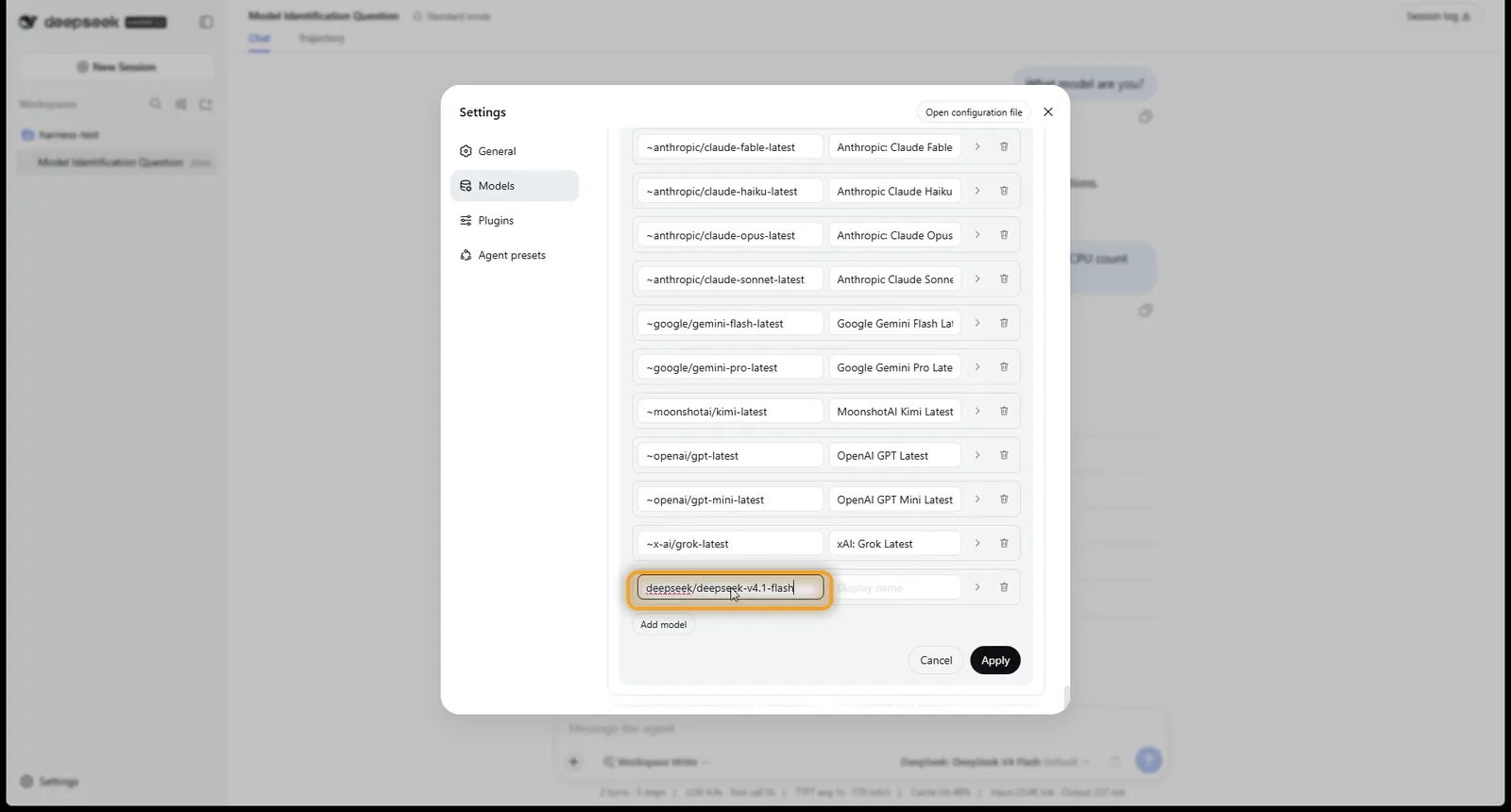 A new model row in DeepSeek Harness with the OpenRouter model ID pasted in