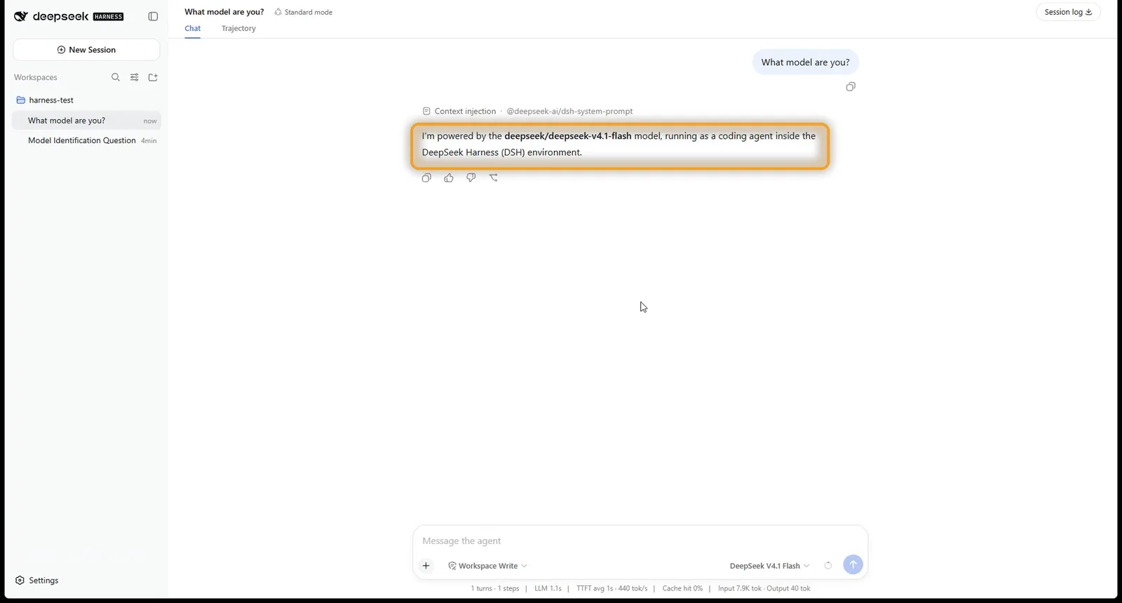 DeepSeek Harness answering as the newly added DeepSeek V4.1 Flash