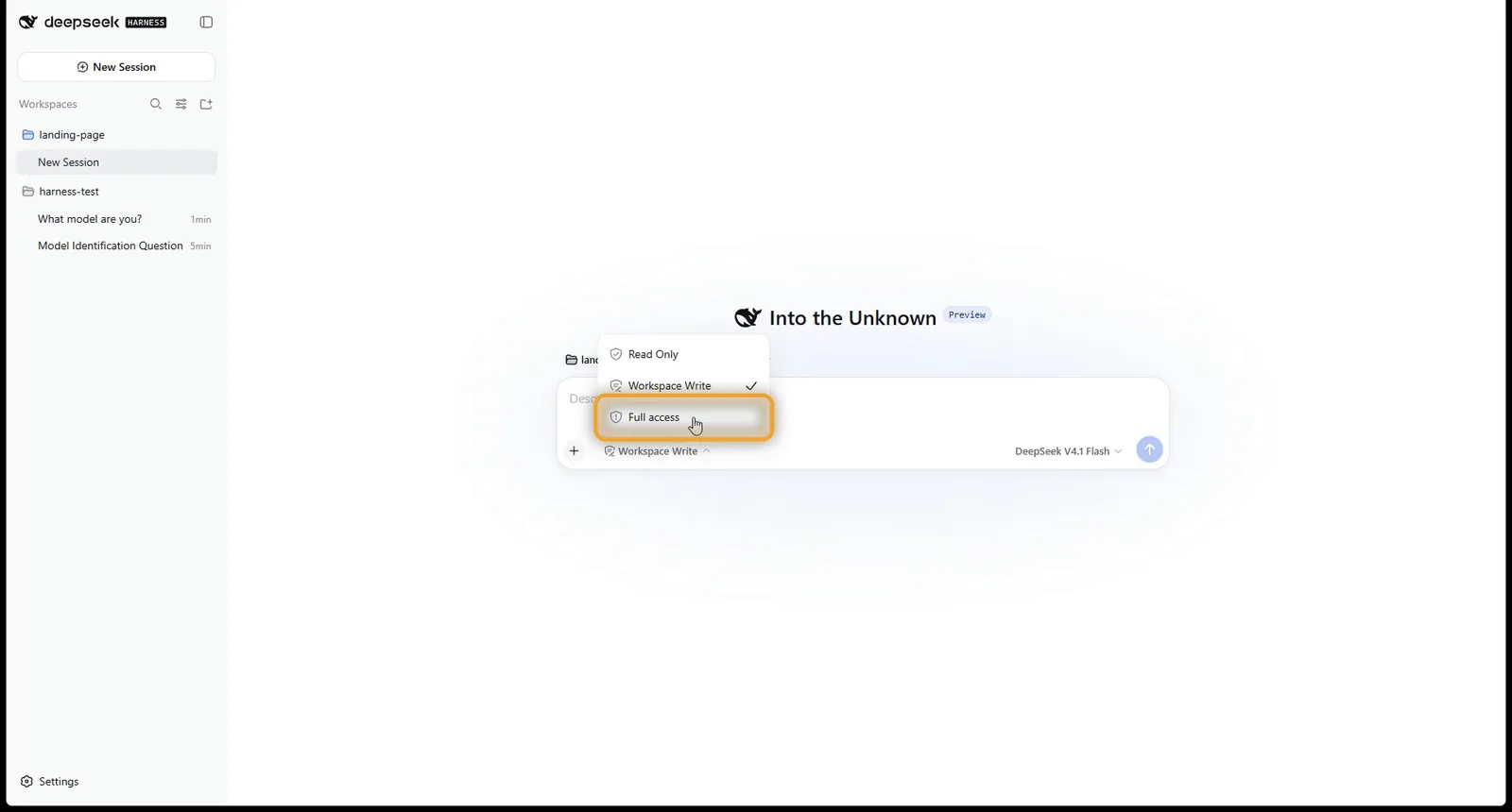 Choosing Full access in the DeepSeek Harness permission menu