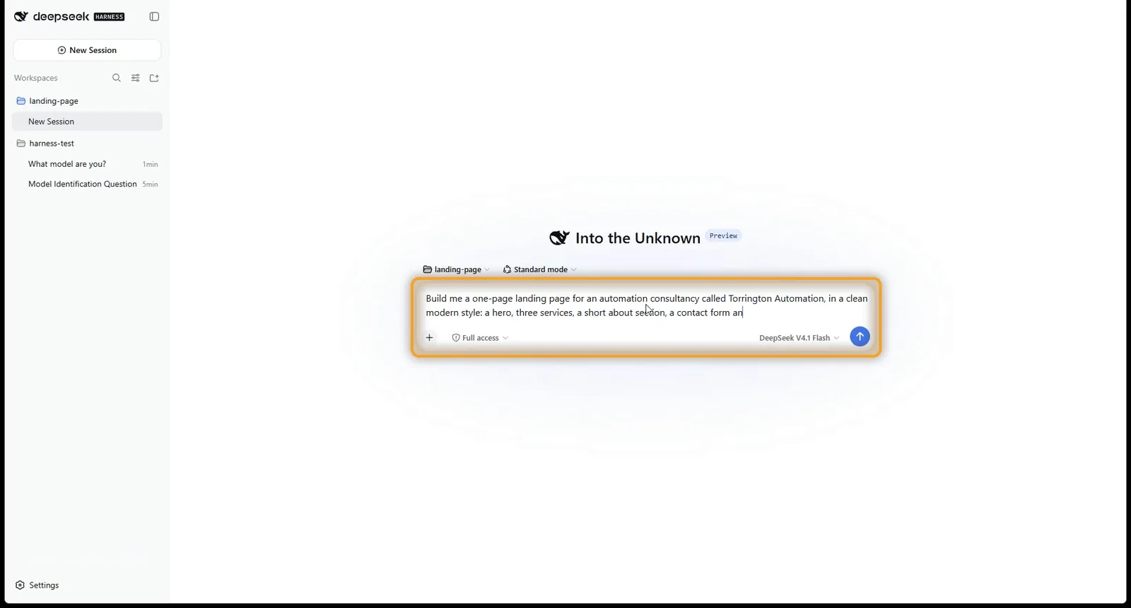 The website prompt pasted into DeepSeek Harness