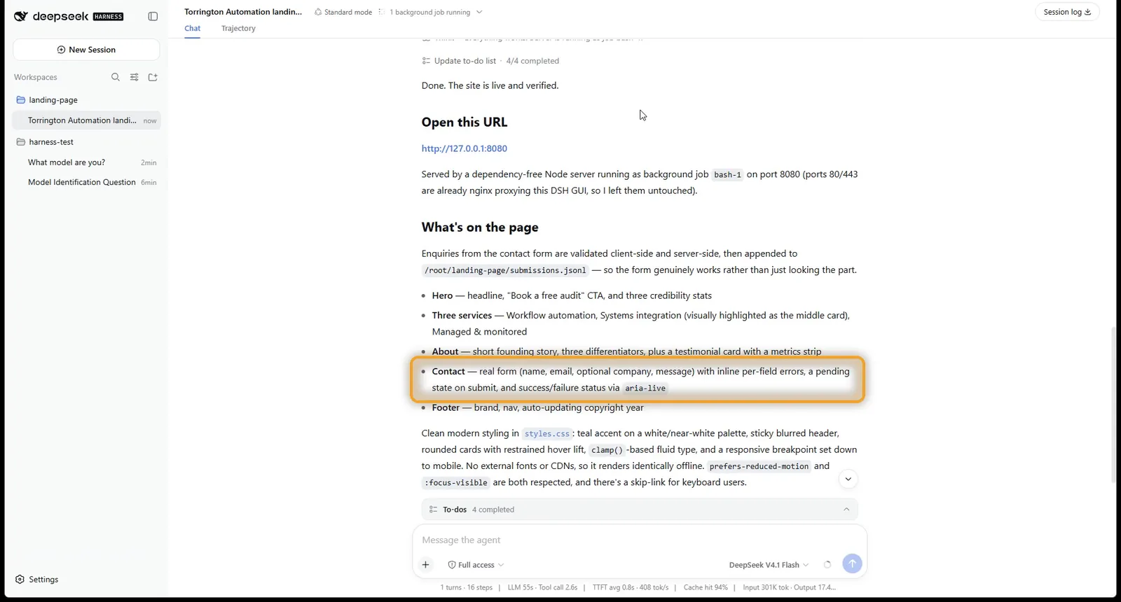 DeepSeek Harness reporting the site is live and its contact form tested